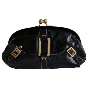 CHARLES DAVID Vintage Black Leather & Gold Moto Buckled Kisslock Clutch Bag
